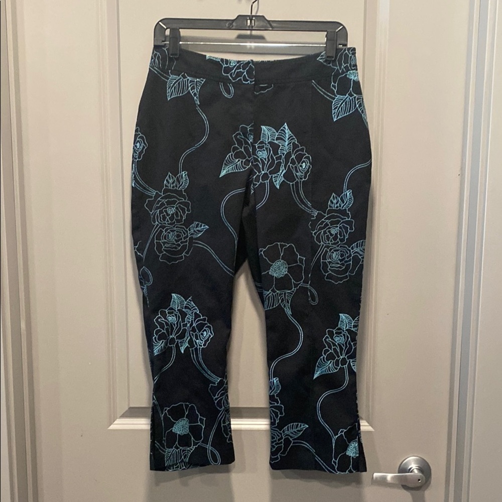 Worthington Floral Cropped Pants 12 Petite Black Blue Stretch Cotton Ankle